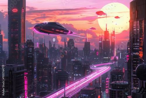 Futuristic City Skyline at Sunset with Flying Vehicles photo