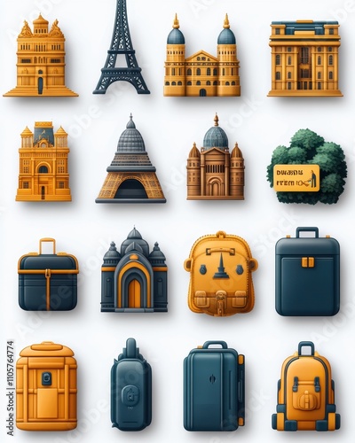 A set of various random travel icons in full detail, isolated on a transparent background The collection includes a variety of suitcases, landmarks, and tickets, each with vivid colors and textures 