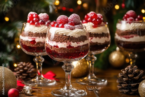 Layered Trifle Dessert with Chocolate Sponge Cake, Whipped Cream and Fruit Jelly in Serving Glasses