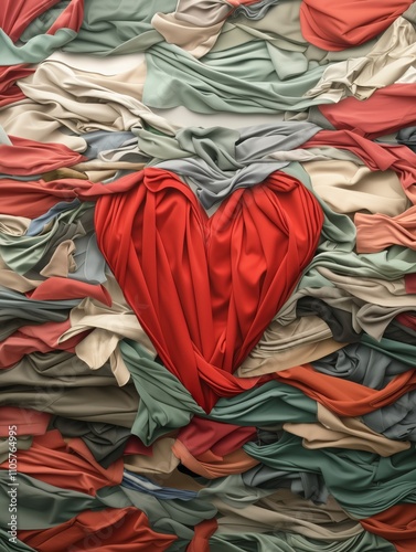 Bunch of old colorful clothes forming a heart shape in the middle. Underconsumption, cluttercore abstract background. photo