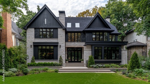 A modern home featuring a blend of stone and dark materials, surrounded by lush landscaping.