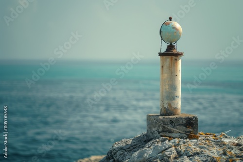 Lighthouse with Globe at Base on Serene Coastal Scene photo