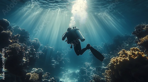 Wallpaper Mural Diver Exploring Vibrant Coral Reef with Rays of Sunlight Illuminating the Underwater Ecosystem Torontodigital.ca