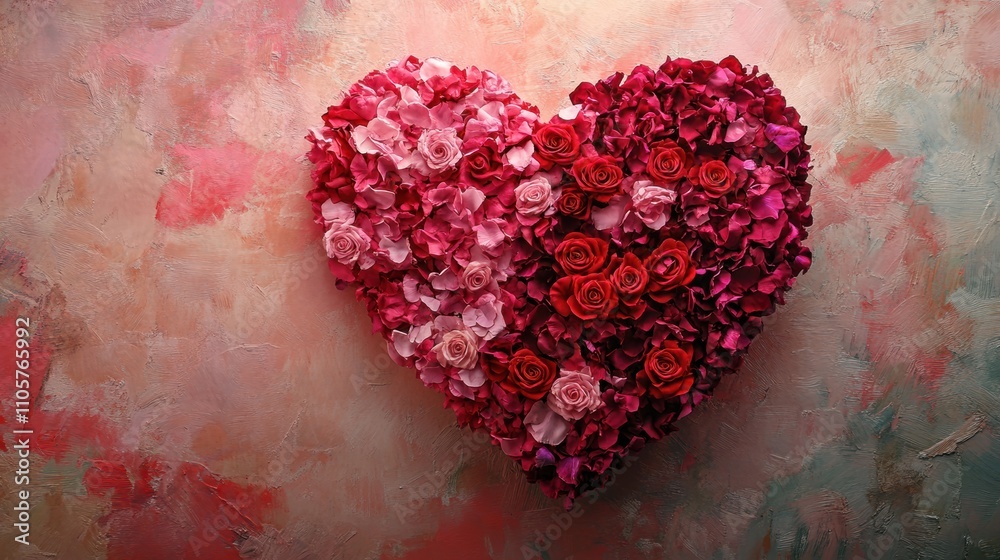A heart-shaped arrangement of pink and red rose petals, a symbol of love and unity A heart-shaped arrangement of pink and red rose petals, a symbol of love and unity
