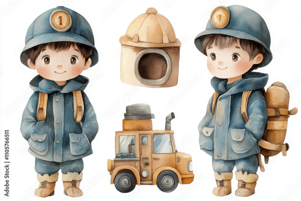 A whimsical illustration of a young miner with a vehicle and a small structure. A whimsical illustration of a young miner with a vehicle and a small structure.