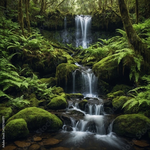 A hidden waterfall in the heart of a dense forest, surrounded by ferns and moss-covered rocks.

