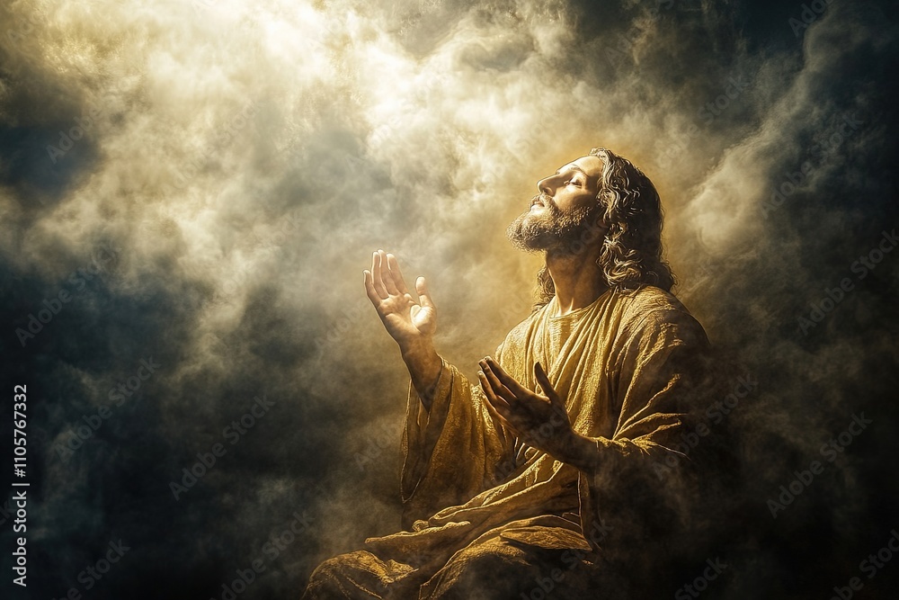 Obraz premium Jesus prays against a cloudy sky, light shines through the clouds