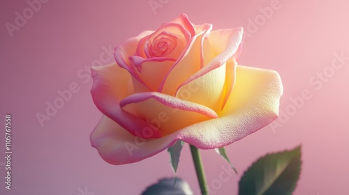 A macro shot of a yellow and pink two-toned rose, with soft, detailed petals photo