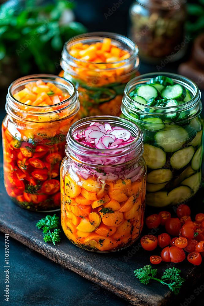 A row of vibrant jars filled with a variety of pickled fermented vegetables, showcasing a rainbow of preserved produce. A row of vibrant jars filled with a variety of pickled fermented vegetables, showcasing a rainbow of preserved produce.