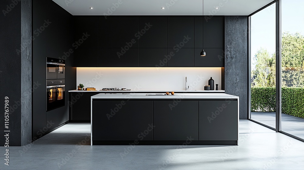 Modern black kitchen with island, built-in appliances, and large window overlooking a garden. Modern black kitchen with island, built-in appliances, and large window overlooking a garden.