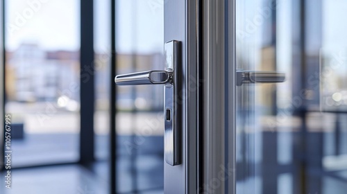 Aluminum Window Detail with Metal Door Frames: Energy-Efficient Safety Profile Close-Up with Blurry Background View photo