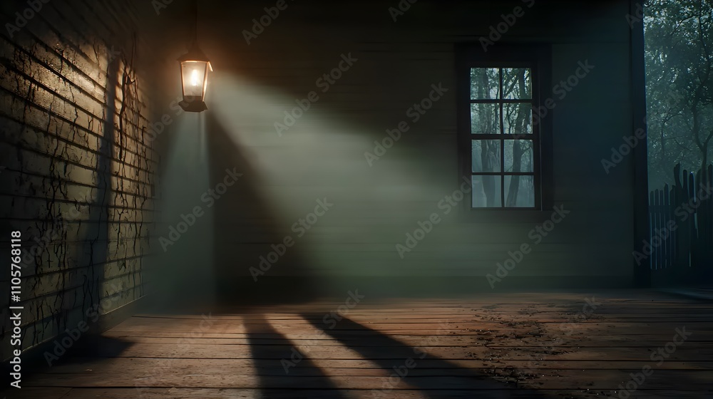 Atmospheric Scene of a Dimly Lit Room with Shadows and a Lantern Illuminating the Old Walls in a Suspenseful Setting Atmospheric Scene of a Dimly Lit Room with Shadows and a Lantern Illuminating the Old Walls in a Suspenseful Setting