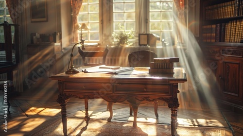 Cozy and peaceful historic library interior with a classic wooden study desk stacks of books and warm sunlight streaming in through the window creating an inspiring academic or intellectual workspace photo