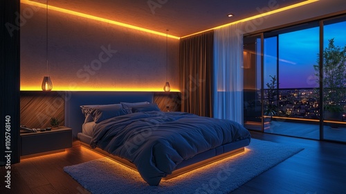 Luxurious circadian lighting in bedroom transitions from cool to warm