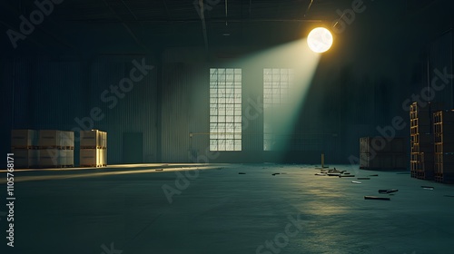 Suspenseful Action Scene in a Dark Isolated Warehouse with Dramatic Light Streaming Through Windows, Creating an Atmosphere of Mystery and Anticipation photo