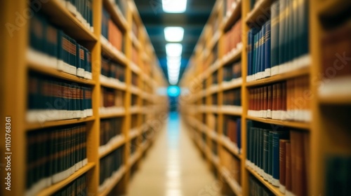 Vintage toned blurred public library interior with defocused bookshelves - symbolizing learning and education concept.