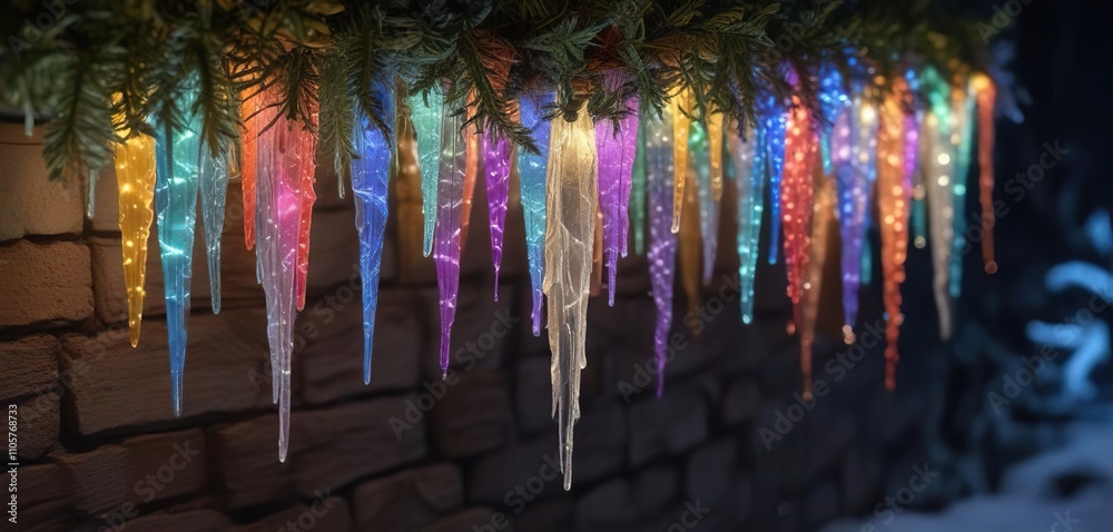 Obraz premium Frozen icicles reflecting colorful Christmas lights, illumination, lights
