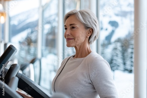 An older woman exercises with an expression of determination, combining strength and grace in a serene environment with a beautiful scenic view outside. Free Download An older woman exercises with an expression of determination, combining strength and grace in a serene environment with a beautiful scenic view outside. - GFXLoad