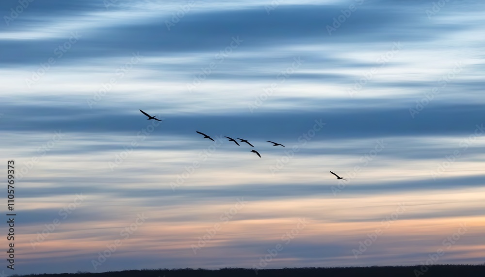 Fototapeta premium Serene natural beauty at dusk, a magnificent sight of bird migration.