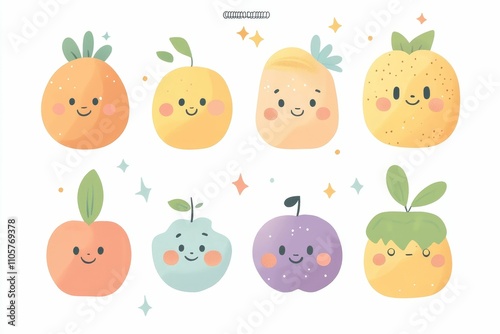 Smiling fruit characters, pastel colors, whimsical design.