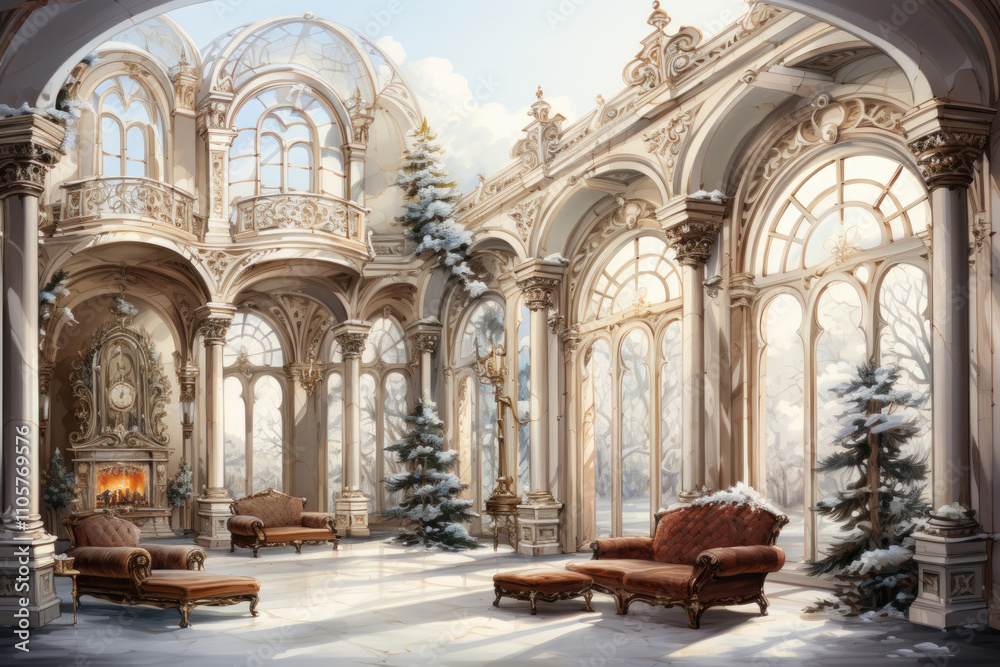Obraz premium a luxurious light hall with high arched windows, decorated with carved elements and columns. 