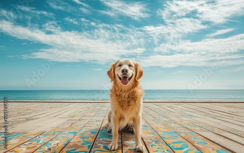 A full-body shot of a dog radiating happiness on a wooden boardwalk with a vibrant, patterned floor, set against a backdrop of the sea and a blue sky. 