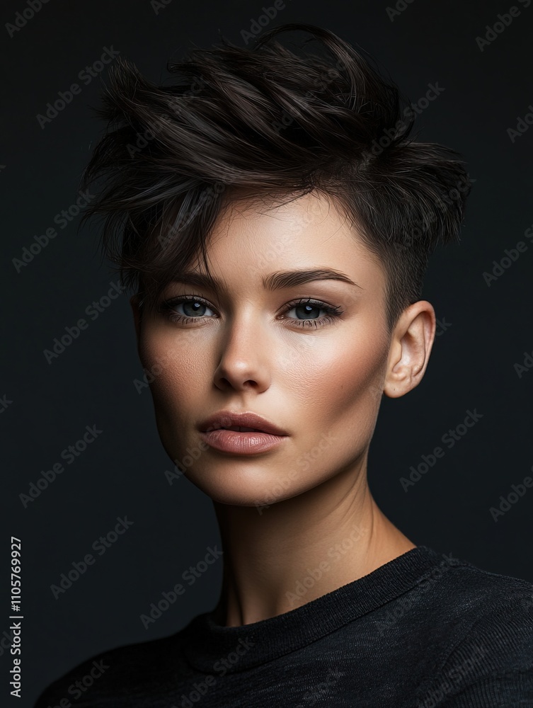 Fototapeta premium portrait of a young woman with a fashionable hairstyle on a dark background, hair salon advertising