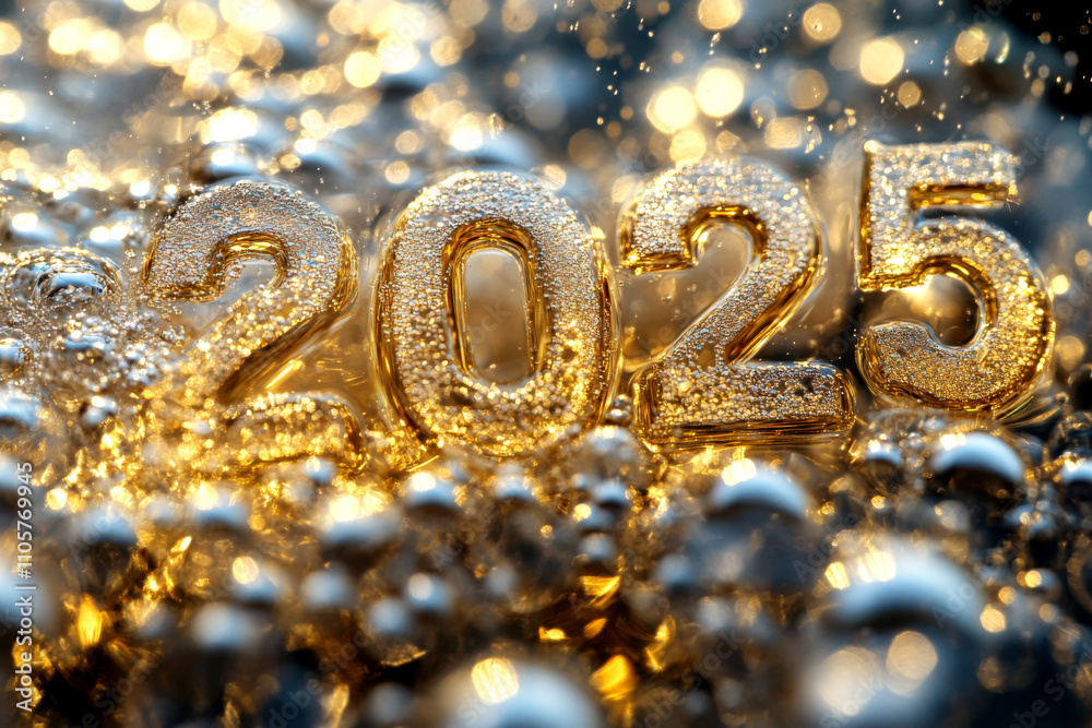 Close up of bubbles in a glass of champagne making 2025. Happy new year celebration background Close up of bubbles in a glass of champagne making 2025. Happy new year celebration background