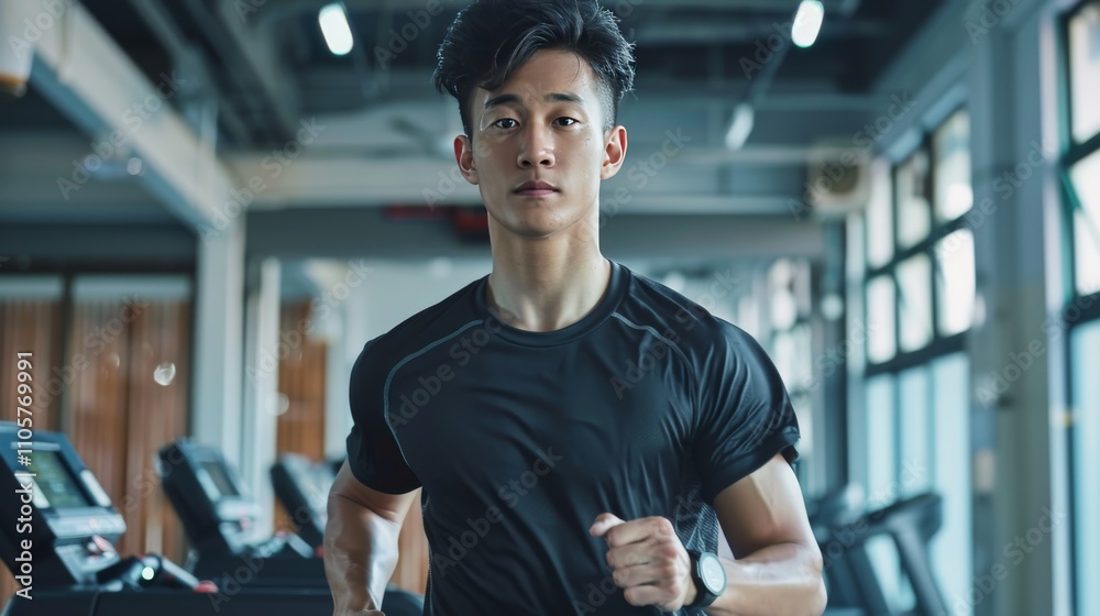 Young Asian Man Running on Treadmill - Fitness Gym Exercise Young Asian Man Running on Treadmill - Fitness Gym Exercise