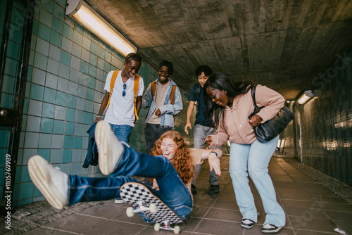 Teenage girl helping female friend losing balance on skateboard in underground tunnel photo