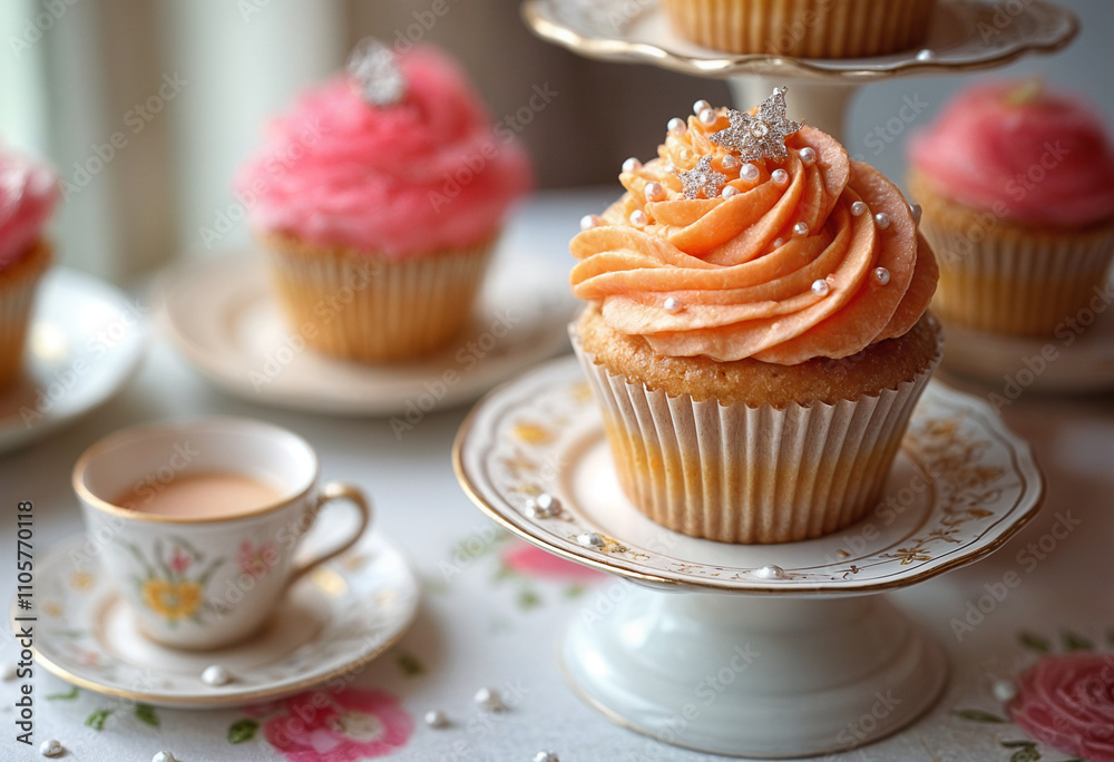 Pink cupcake boasts delicate frosting and a pretty jeweled adornment.
Pink cupcake boasts delicate frosting and a pretty jeweled adornment.