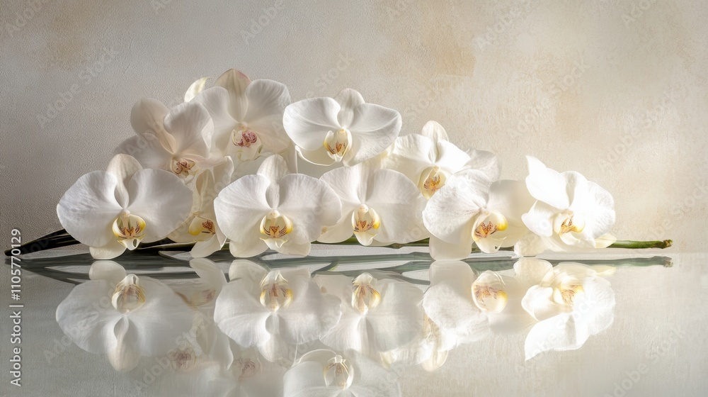 An elegant arrangement of orchids placed on a glass table, reflecting their soft beauty An elegant arrangement of orchids placed on a glass table, reflecting their soft beauty