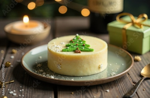 Designer New Year's still life: a bento cake with a Christmas tree pattern, presents in soft beige and green colors, placed on the background of a wine space.