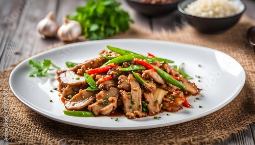 Stir-fried pork slices with garlic and black pepper, a simple Thai dish, but delicious, served on a white serving plate. 