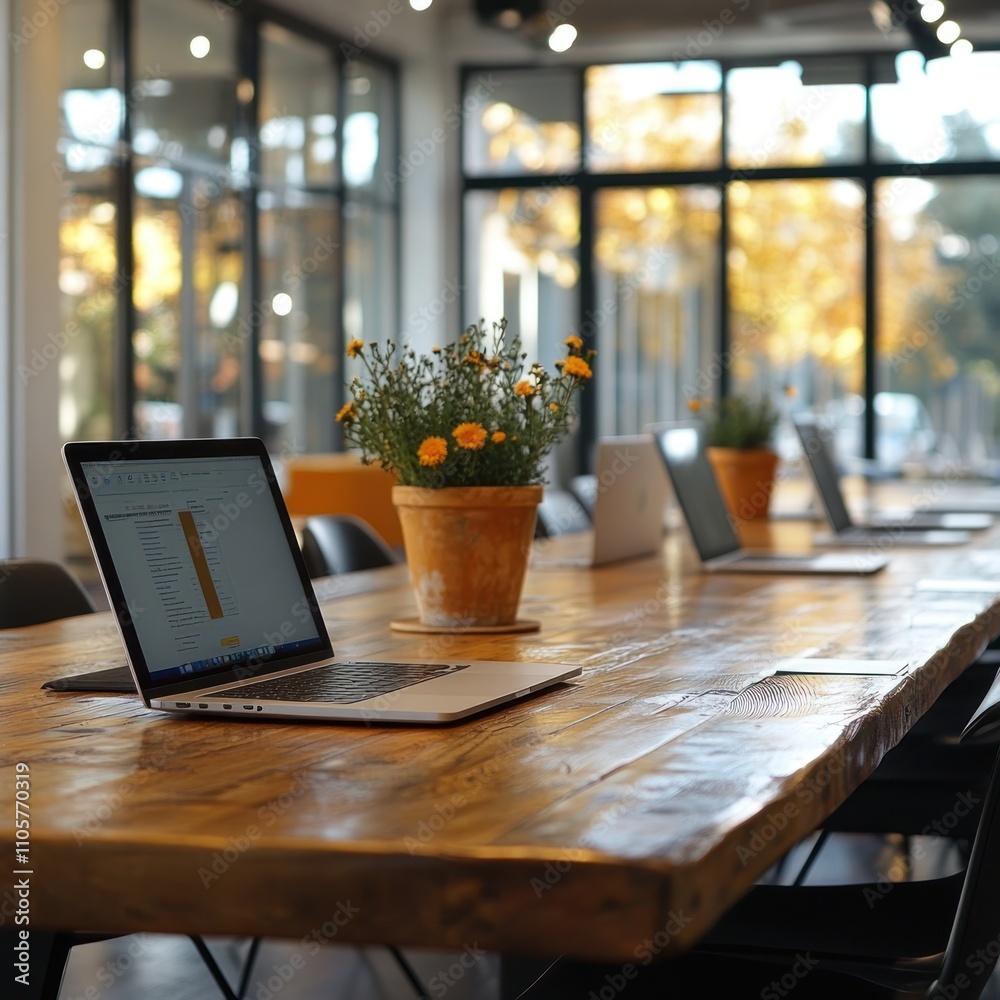 A modern workspace featuring a wooden table, laptops, and a potted plant. A modern workspace featuring a wooden table, laptops, and a potted plant.