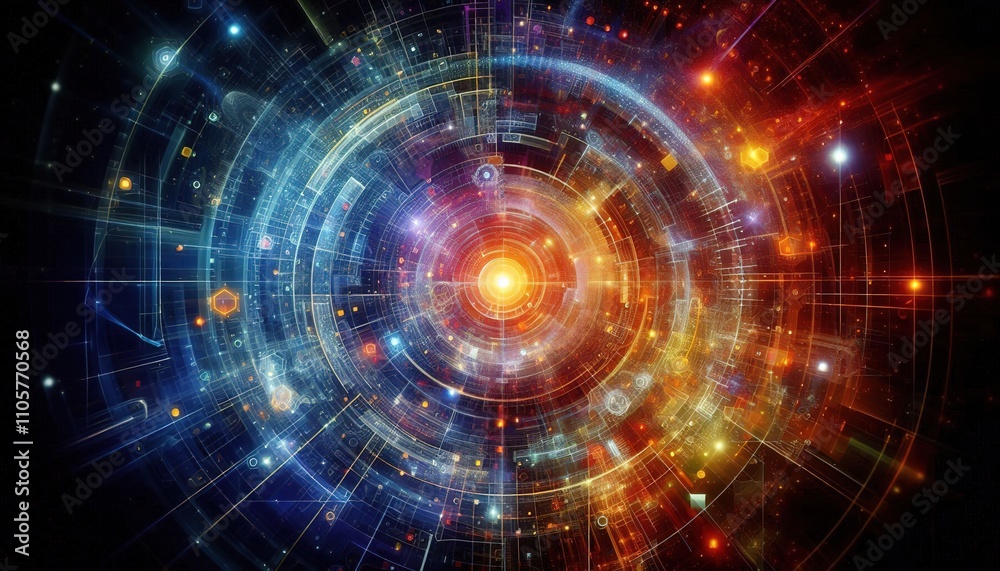 abstract technological background with concentric circles, flashes of light, stars, particles on a dark background abstract technological background with concentric circles, flashes of light, stars, particles on a dark background