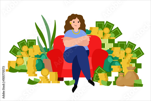 Woman billionaire sits in a red armchair, a lot of money around, a house plant. Vector simple color flat illustration.