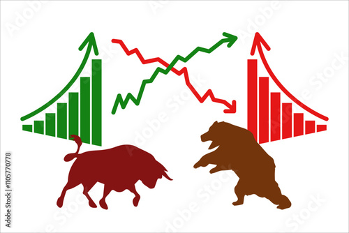 Stock market index. Bull and bear. Vector simple color flat illustration.