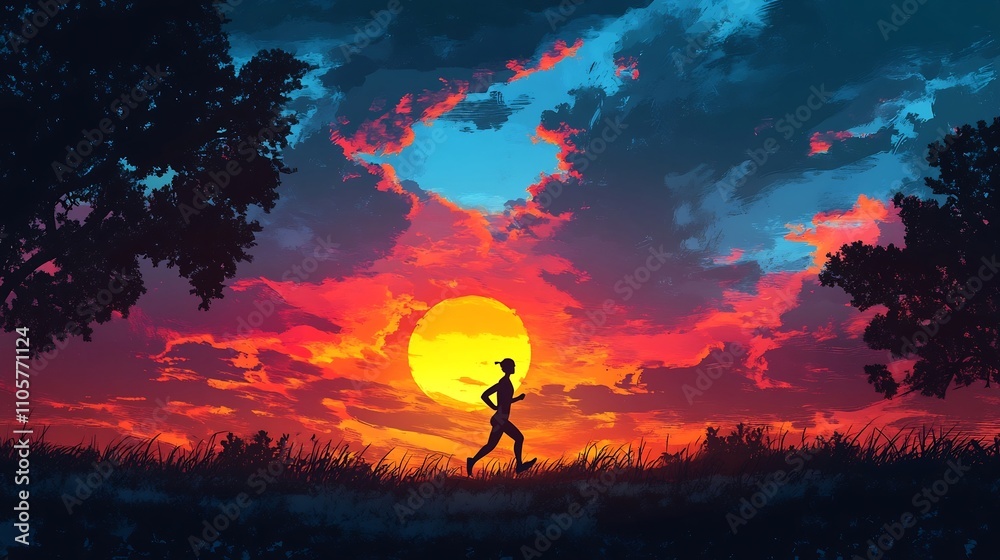 Obraz premium Silhouetted Runner Jogging Towards Dramatic Sunset Sky
