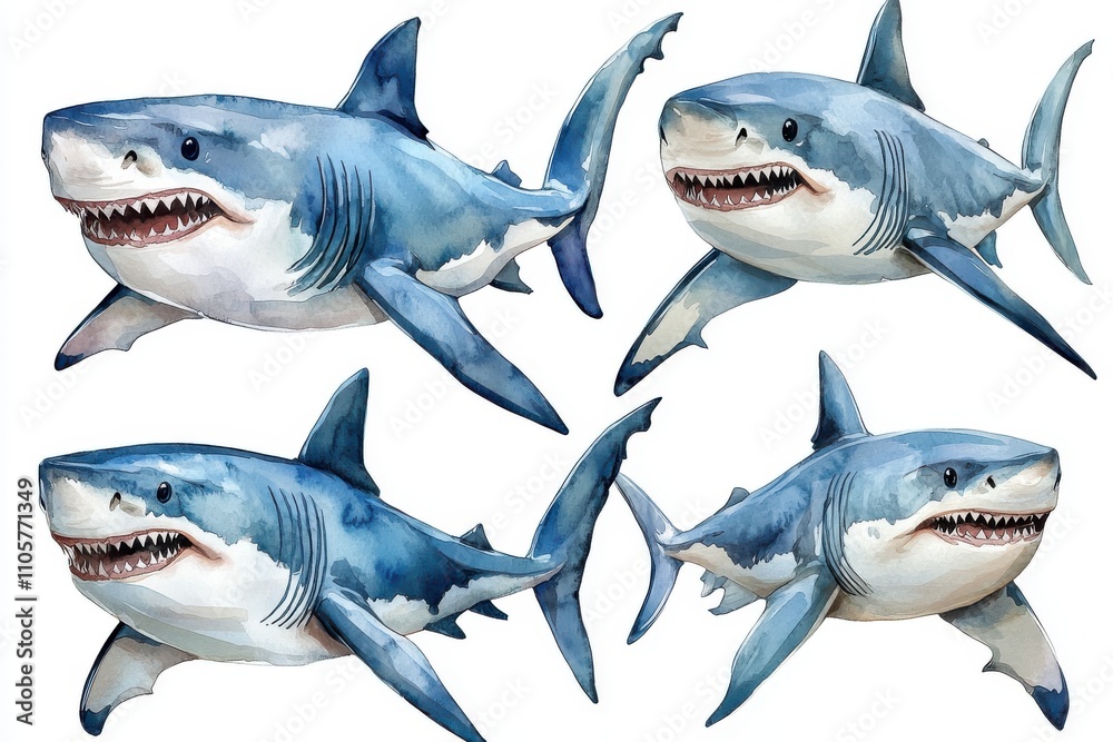 Obraz premium Illustrations of various shark species showcasing their features and expressions.