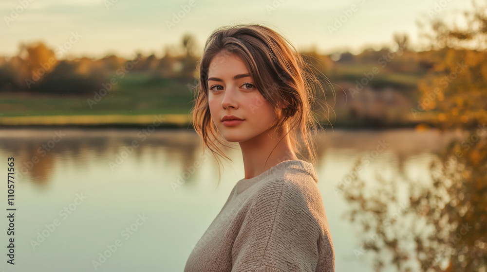 A young woman gazes thoughtfully at the camera, her tranquil expression mirrored by the calm waters and autumn scenery around her. A moment of peaceful beauty captured. A young woman gazes thoughtfully at the camera, her tranquil expression mirrored by the calm waters and autumn scenery around her. A moment of peaceful beauty captured.
