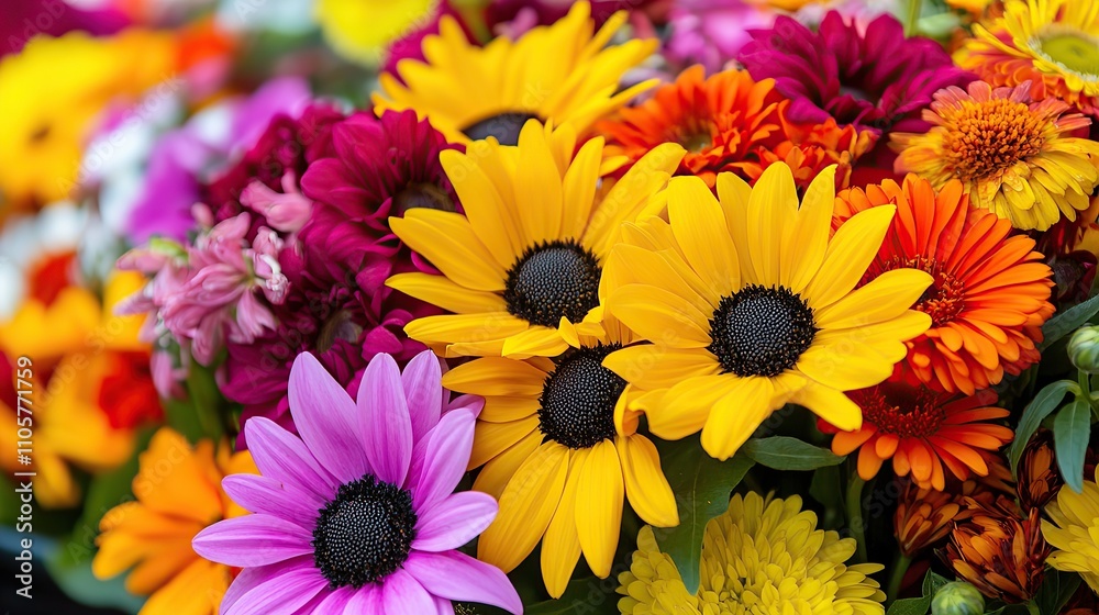 A close-up shot of a colorful bouquet of flowers, showcasing vibrant hues of yellow, pink, orange, and red. A close-up shot of a colorful bouquet of flowers, showcasing vibrant hues of yellow, pink, orange, and red.