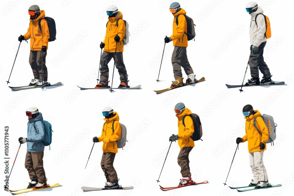 Obraz premium illustration of silhouettes of skiers in various equipment on a white background