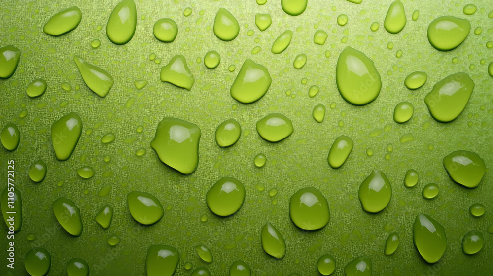 Fresh green background with water droplets creating vibrant texture. droplets vary in size and shape, enhancing visual appeal of surface Fresh green background with water droplets creating vibrant texture. droplets vary in size and shape, enhancing visual appeal of surface
