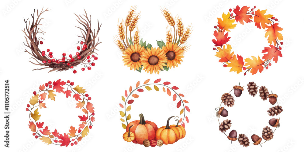 Autumn Wreath Watercolor Collection: A vibrant set of six beautifully painted autumn wreaths, each featuring unique and seasonal elements like sunflowers, pumpkins, acorns, and maple leaves. Autumn Wreath Watercolor Collection: A vibrant set of six beautifully painted autumn wreaths, each featuring unique and seasonal elements like sunflowers, pumpkins, acorns, and maple leaves.