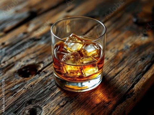 Scotch and ice, a crisp aerial view on weathered wood.