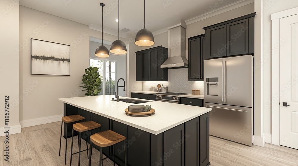 Fototapeta premium Modern kitchen with dark cabinetry, island, and stainless steel appliances.
