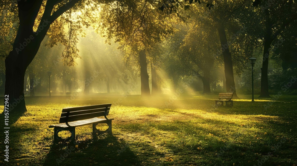 Evening light diffused through dense fog in an empty park, creating soft, mysterious shadows across benches and trees