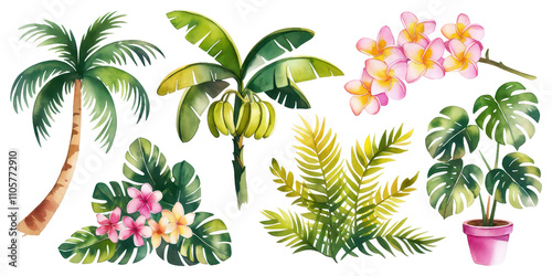 Tropical Paradise Watercolor Collection: A vibrant assortment of lush tropical plants, flowers, and foliage, captured in a delicate watercolor style.