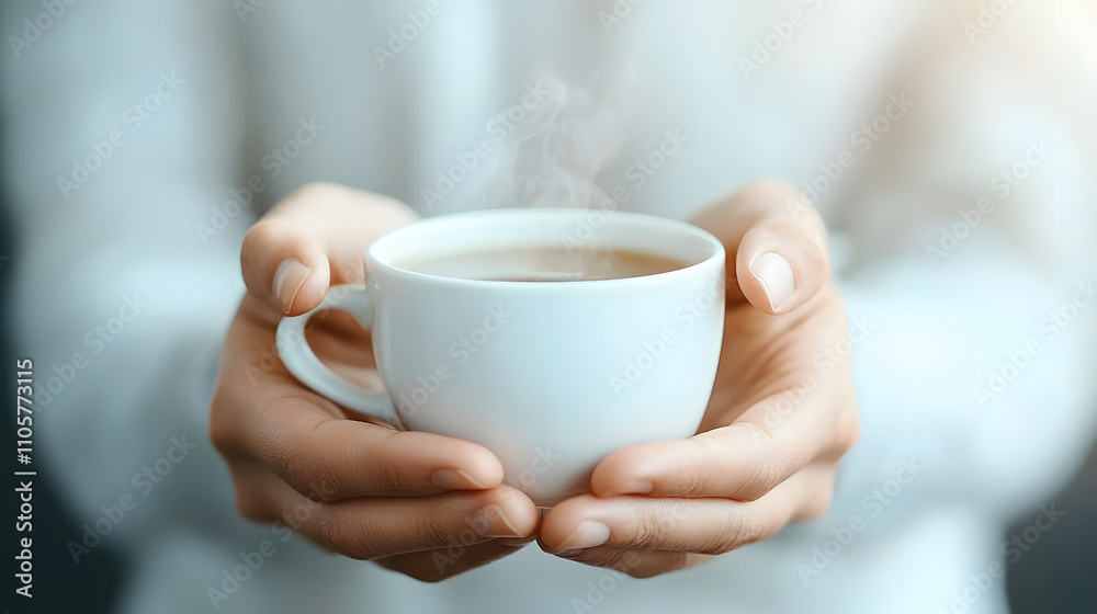 Close-up of hands holding a steaming cup of tea with soft light and a warm atmosphere Close-up of hands holding a steaming cup of tea with soft light and a warm atmosphere